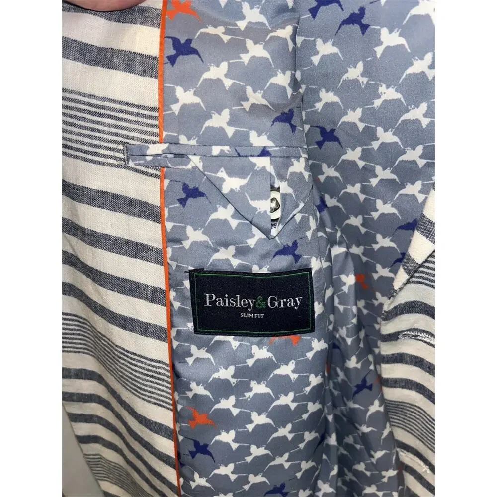Paisley & Gray Mens 46R Blazer Sport Coat Striped Linen Slim Fit W Pocket Square